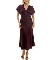 Taylor Flutter Sleeve Empire Waist Stretch Satin A-Line Midi Dress