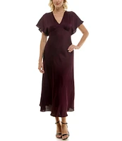 Taylor Flutter Sleeve Empire Waist Stretch Satin A-Line Midi Dress