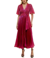 Taylor Flutter Sleeve Pleated Shimmer Foil Chiffon Midi Dress