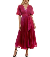 Taylor Flutter Sleeve Pleated Shimmer Foil Chiffon Midi Dress