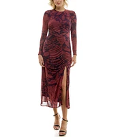 Taylor Illusion Long Sleeve Floral Print Mesh Ruched Midi Dress