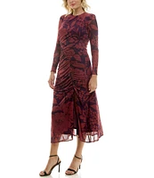 Taylor Illusion Long Sleeve Floral Print Mesh Ruched Midi Dress