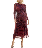 Taylor Illusion Long Sleeve Floral Print Mesh Ruched Midi Dress