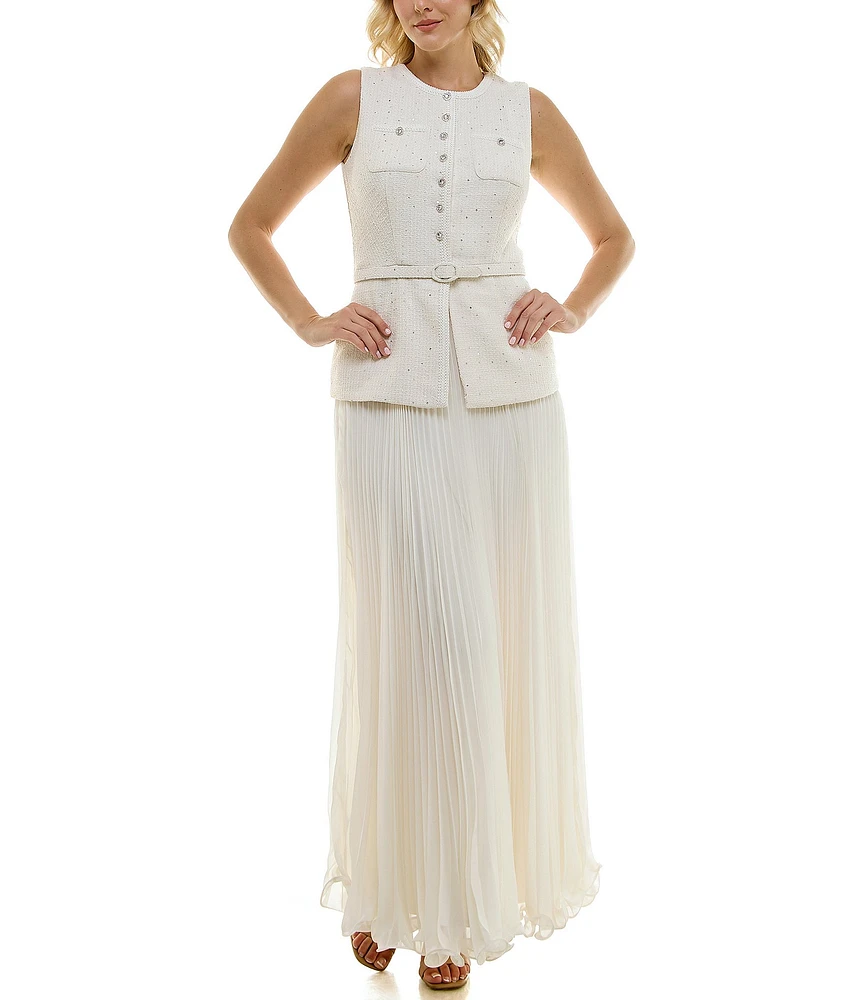 Taylor Knit Boucle Crew Neck Sleeveless Gold Foil Pleated Skinny Belt A-Line Dress