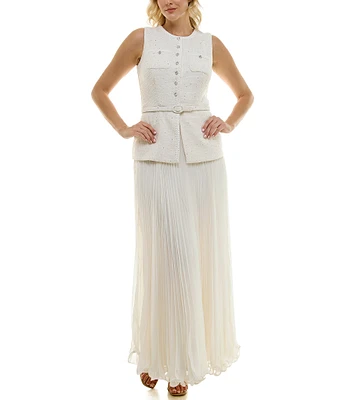 Taylor Knit Boucle Crew Neck Sleeveless Gold Foil Pleated Skinny Belt A-Line Dress