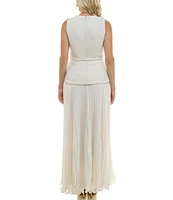 Taylor Knit Boucle Crew Neck Sleeveless Gold Foil Pleated Skinny Belt A-Line Dress
