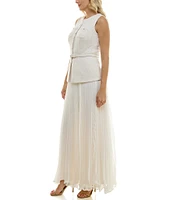 Taylor Knit Boucle Crew Neck Sleeveless Gold Foil Pleated Skinny Belt A-Line Dress
