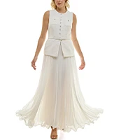 Taylor Knit Boucle Crew Neck Sleeveless Gold Foil Pleated Skinny Belt A-Line Dress