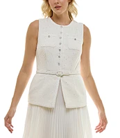 Taylor Knit Boucle Crew Neck Sleeveless Gold Foil Pleated Skinny Belt A-Line Dress