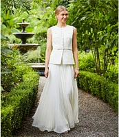 Taylor Knit Boucle Crew Neck Sleeveless Gold Foil Pleated Skinny Belt A-Line Dress