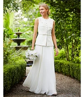 Taylor Knit Boucle Crew Neck Sleeveless Gold Foil Pleated Skinny Belt A-Line Dress