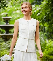 Taylor Knit Boucle Crew Neck Sleeveless Gold Foil Pleated Skinny Belt A-Line Dress