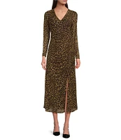 Taylor Leopard Mesh V-Neck Long Sheer Sleeve Gathered Side Midi Dress