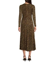 Taylor Leopard Mesh V-Neck Long Sheer Sleeve Gathered Side Midi Dress