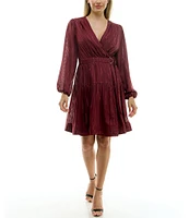 Taylor Lurex Shadow Stripe Surplice V-Neck Long Sleeve Wrap Dress