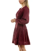 Taylor Lurex Shadow Stripe Surplice V-Neck Long Sleeve Wrap Dress