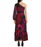 Taylor One Sleeve Floral Print Lurex Chiffon Ruffle Hem Maxi Dress