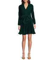 Taylor Pleated Chiffon Collar V-Neck Long Sleeve Tie Waist Mini Dress