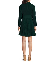 Taylor Pleated Chiffon Collar V-Neck Long Sleeve Tie Waist Mini Dress