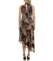 Taylor Abstract Printed Mesh Mock Neck Sleeveless Side Gathered Asymmetrical Midi Dress