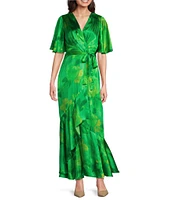 Taylor Printed Satin Crinkle Crepe Surplice V-Neck Short Flutter Self Tie Belt Faux Wrap Maxi Dress