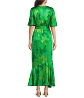 Taylor Printed Satin Crinkle Crepe Surplice V-Neck Short Flutter Self Tie Belt Faux Wrap Maxi Dress