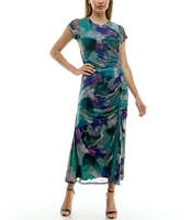 Taylor Printed Stretch Mesh Crew Neck Short Sleeve Ruched Side Midi Dress