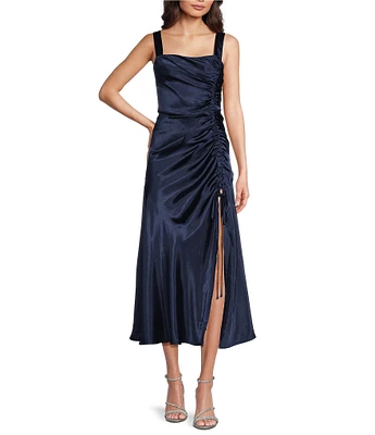 Taylor Satin Crepe Square Neck Sleeveless Gathered Side Slit Maxi Dress