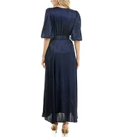 Taylor Satin Crinkle Crepe Surplice V-Neck Elbow Puff Sleeve Belted Pleated Maxi Dress