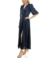 Taylor Satin Crinkle Crepe Surplice V-Neck Elbow Puff Sleeve Belted Pleated Maxi Dress