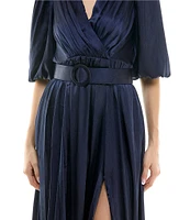 Taylor Satin Crinkle Crepe Surplice V-Neck Elbow Puff Sleeve Belted Pleated Maxi Dress