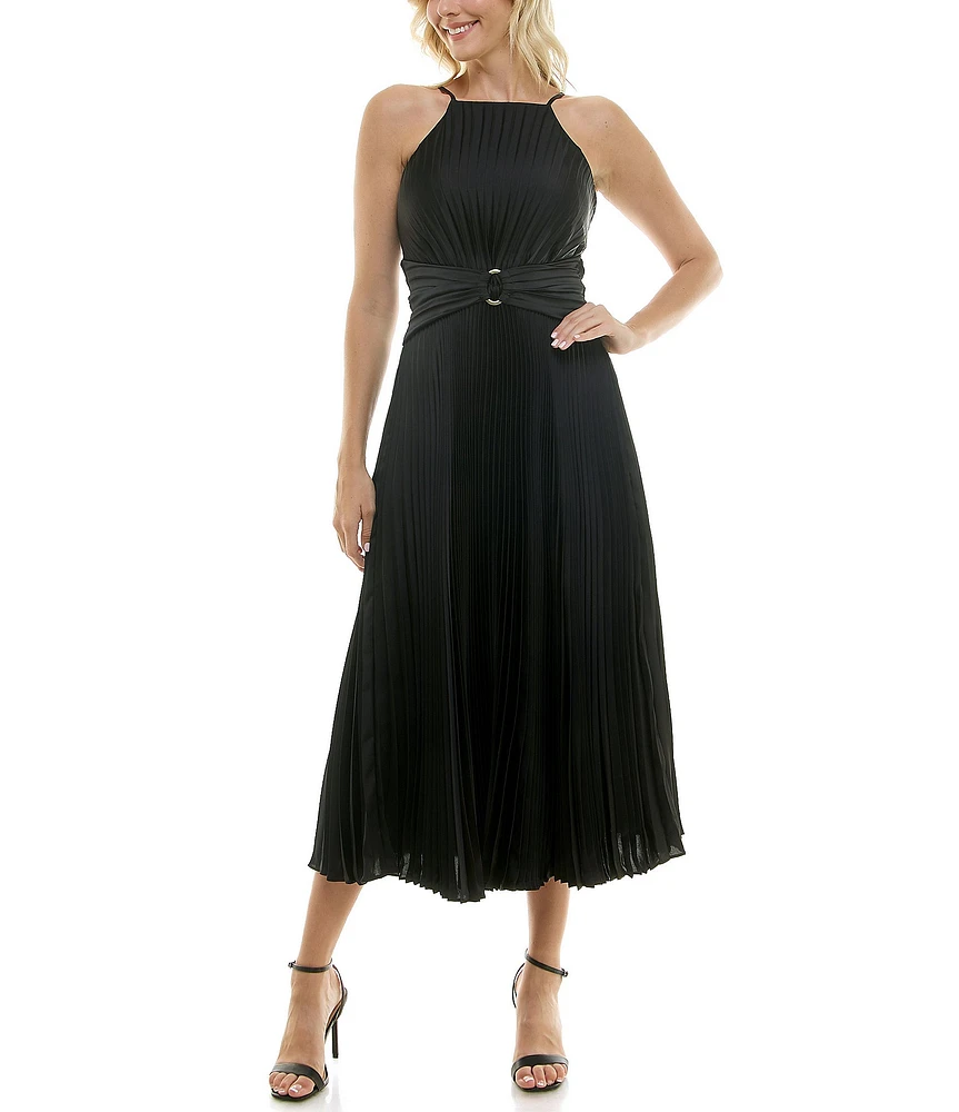 Taylor Satin Halter Neck Sleeveless Tie Back Keyhole Belted Pleated A-Line Dress