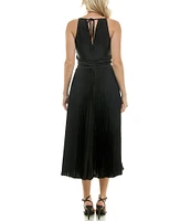 Taylor Satin Halter Neck Sleeveless Tie Back Keyhole Belted Pleated A-Line Dress