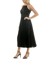 Taylor Satin Halter Neck Sleeveless Tie Back Keyhole Belted Pleated A-Line Dress