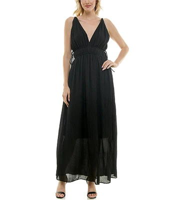 Taylor Soft Crinkle Crepe Deep V-Neck Sleeveless Tie Side Maxi Dress