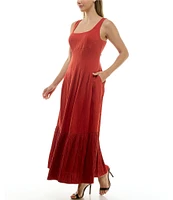 Taylor Square Neck Sleeveless Ruddle Hem Side Pocket Drop Waist Maxi Dress