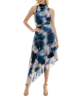 Taylor Stretch Mesh Watercolor Abstract Print Mock Neck Sleeveless Asymmetrical Hem Dress