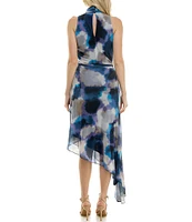 Taylor Stretch Mesh Watercolor Abstract Print Mock Neck Sleeveless Asymmetrical Hem Dress