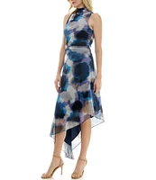 Taylor Stretch Mesh Watercolor Abstract Print Mock Neck Sleeveless Asymmetrical Hem Dress