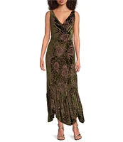 Taylor Stretch Velvet Burnout Floral Cowl Neck Sleeveless Ruffle Hem Midi Dress