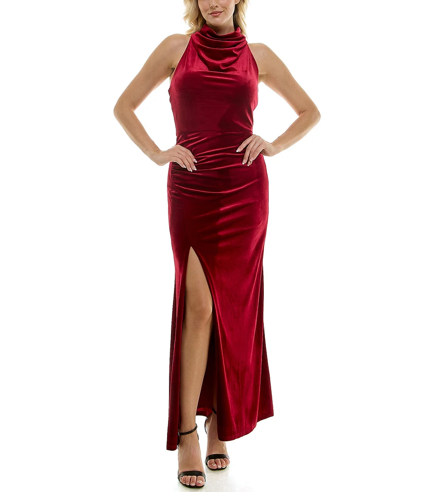 Taylor Stretch Velvet High Mock Neck Sleeveless Side Ruching Detail Front Slit Sheath Dress