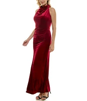 Taylor Stretch Velvet High Mock Neck Sleeveless Side Ruching Detail Front Slit Sheath Dress