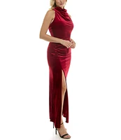 Taylor Stretch Velvet High Mock Neck Sleeveless Side Ruching Detail Front Slit Sheath Dress