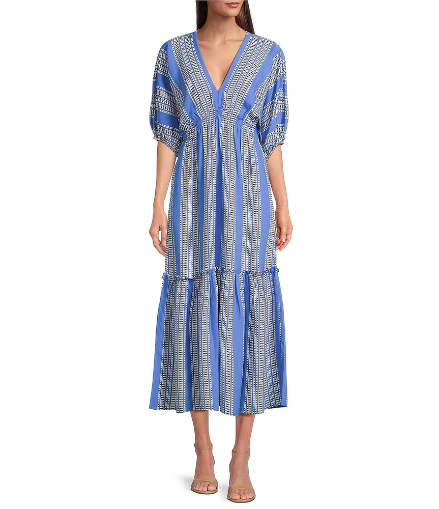 Taylor Striped V-Neckline Elbow Length Sleeve Tiered Bottom Maxi Dress