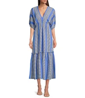 Taylor Striped V-Neckline Elbow Length Sleeve Tiered Bottom Maxi Dress