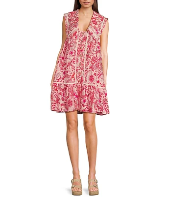 TCEC Floral Print Embroidered Sailor Collared Button Front Dress