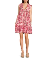 TCEC Floral Print Embroidered Sailor Collared Button Front Dress