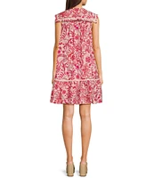 TCEC Floral Print Embroidered Sailor Collared Button Front Dress