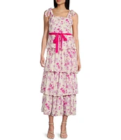 TCEC Floral Print Square Neck Velvet Belted Tiered Midi Dress