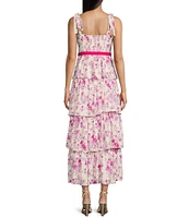 TCEC Floral Print Square Neck Velvet Belted Tiered Midi Dress